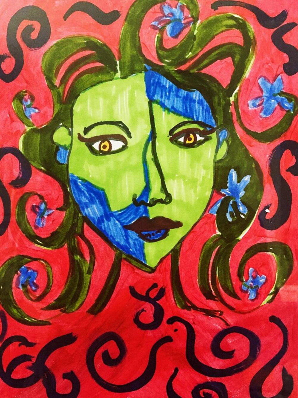 Original Hand Painted, Acrylic, pen, Ink "Everyday Medusa", signed 9 x 12 inches